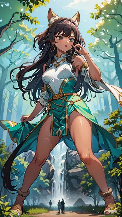 In a forest of large trees there is an even larger Amazonian giantess, with brown skin, black hair, thin, with clothes of the forest, and with very long legs, she is looking for small human invaders of the forest to destroy them so that they do not disturb...