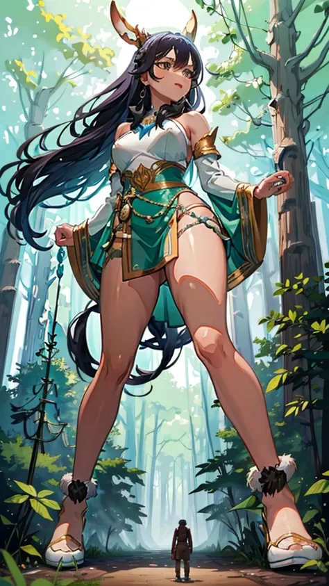 In a forest of large trees there is an even larger Amazonian giantess, with brown skin, black hair, thin, with clothes of the forest, and with very long legs, she is looking for small human invaders of the forest to destroy them so that they do not disturb...