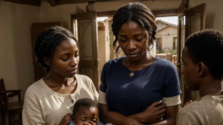 ultra realistic scene, 4K, of African family entering a simple shepherds house, with a welcoming setting but visible concern.
Details: Mother holding children, pastor offering comfort, humble but safe environment.