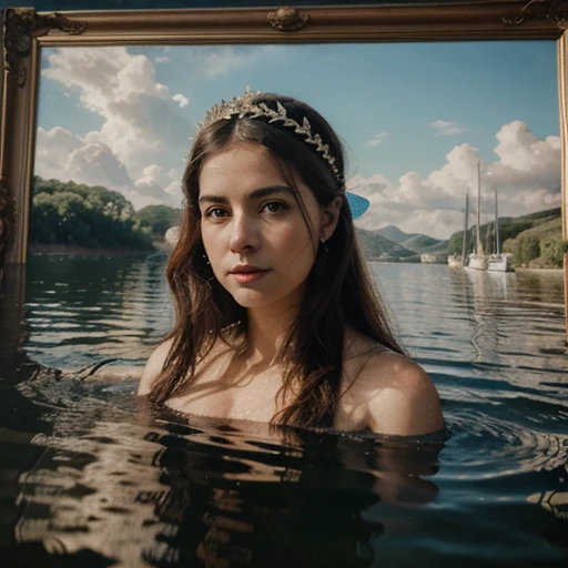 Ultra realistic photo of the historical painting Madame do Lago as a goddess on the water 