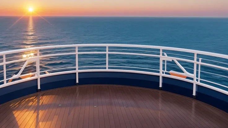 (Sunrise Time), View from the deck of a cruise ship、Create a landscape with an expansive ocean and the sun rising beyond it.。The deck railings and ship structure act as a frame.、Make the view more realistic。