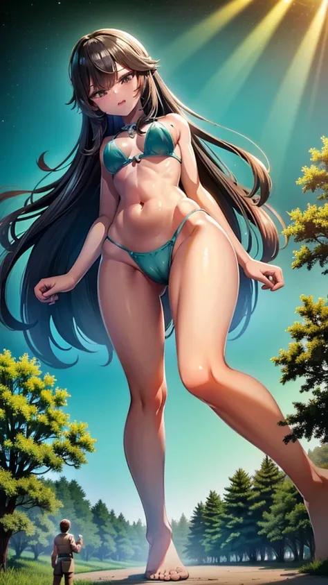 In a forest of large trees there is an even larger Amazonian giantess, with brown skin, black hair, thin, with clothes of the forest, and with very long legs, she is looking for small human invaders of the forest to destroy them so that they do not disturb...