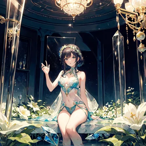 The combination of women and flowers，Colorful，dream，conservatory，(((All are made of glass)))，((crystal))，water surface，((Ultra-high detail))，a girl，There are many flowers on the body，dynamic poses，looking into camera，As if he had something to say，best pict...