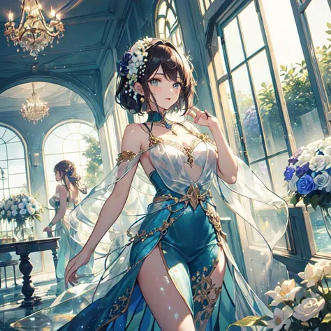 The combination of women and flowers，Colorful，dream，conservatory，(((All are made of glass)))，((crystal))，water surface，((Ultra-high detail))，a girl，There are many flowers on the body，dynamic poses，looking into camera，As if he had something to say，best pict...