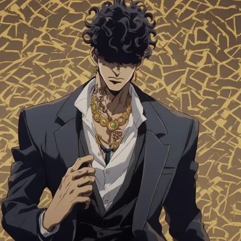 jojo, jojo style, jojo's bizarre adventure, official art, anime, fake screenshot, pompadour, solitary, golden curly hair covers ...