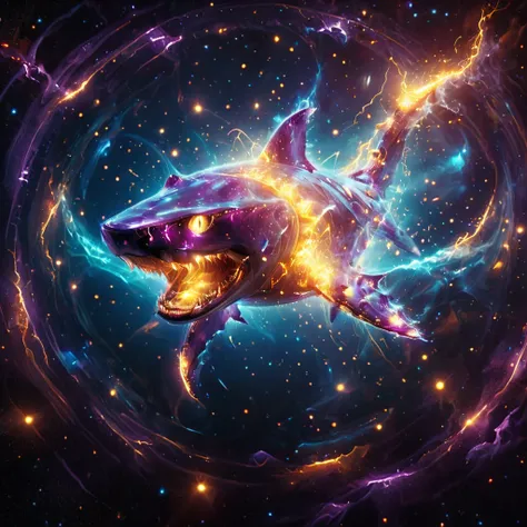 glowneon, cinematic film still, A glowing shark swimming in space emanating lights and sparks, dark amethyst and orange 