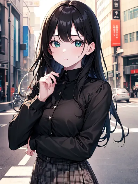 (8K, Best Quality, Masterpiece, Ultra High Resolution) 1 Girl, Woman, Beautiful Eyes, Face Details, Dark Black Hair, Long Hair, Green Eyes, Pale Skin, Black Shirt, Denim Jacket, Plaid Skirt, Cafe, Tokyo, Best Quality, Upper Body, Looking at the Viewer, Fac...