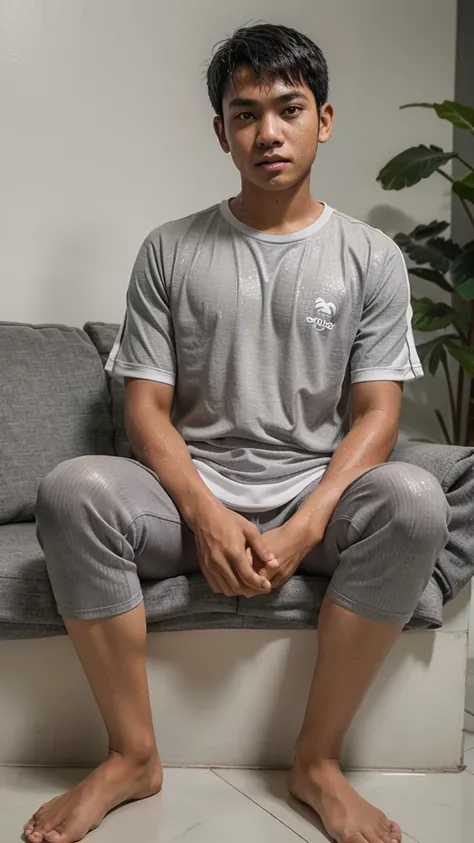 full body portrait photo, Indonesian teenage boys, wear  (gray white), was sitting relaxed in wet clothes