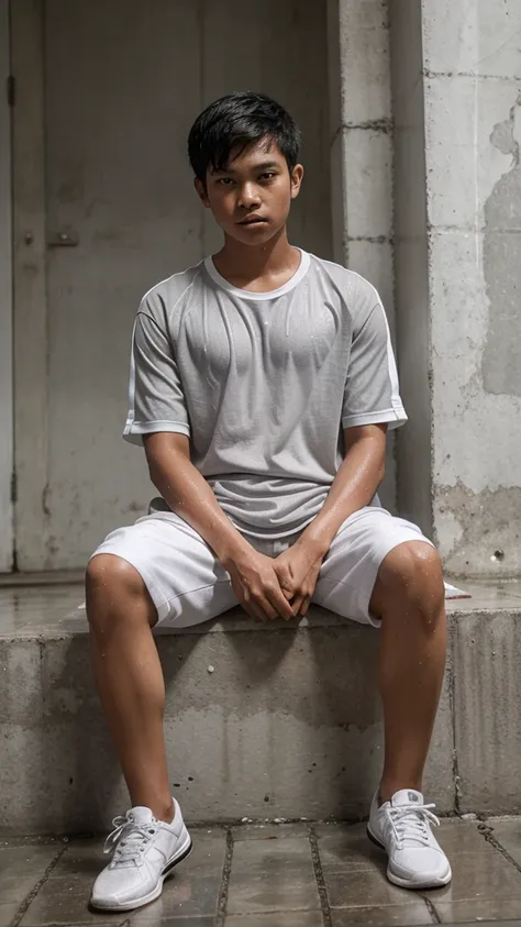 full body portrait photo, Indonesian teenage boys, wear  (gray white), was sitting relaxed in wet clothes