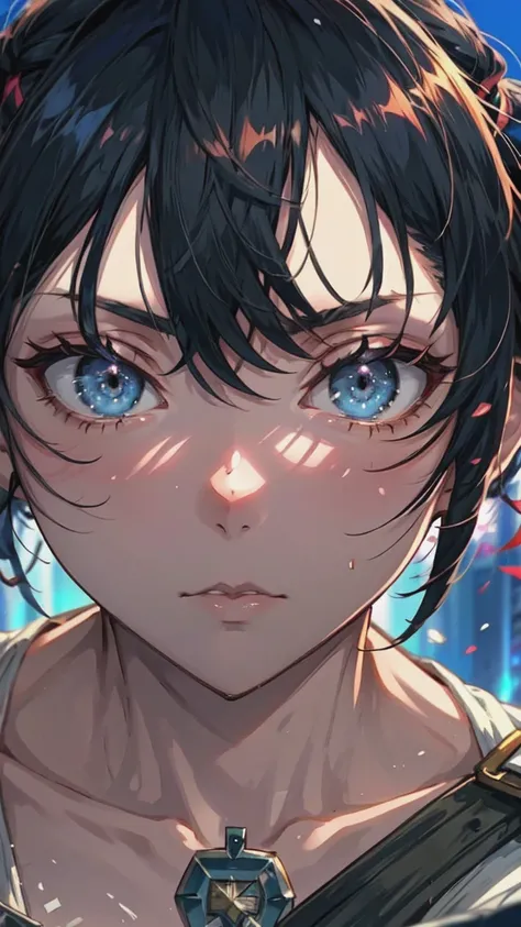 Anime girl with black hair and blue eyes looking at the camera, Attack on Titanより, (Attack on Titanアニメ), Close-up of a young anime girl, Young woman anime visual, Attack on Titan, Today&#39;s featured anime is still, Mikasa Ackerman, close!!!!!, Another cl...