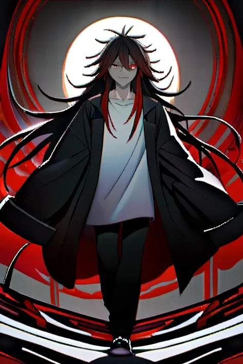 1teenage boy, Messy hair, long hair, multicolored black and red hair, black and red eyes heterochromia, evil grin, dark red, loose-fitting shirt, black coat with red tattoos, wide black pants, big black shoes