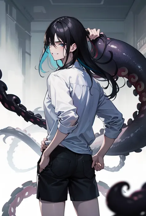 masterpiece, best quality, highres, 1boy, black hair, long hair, hair in wolf cut, looking at the viewer, with a smug grin, pale skin, cunning face, male focus, casual clothing, baggy shirt with shorts, one hand on head other on hip, black oozy tentacles c...