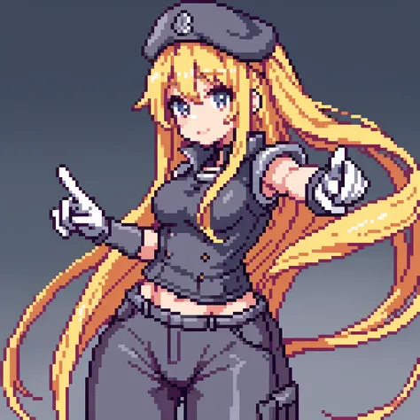 Anime girl, long blonde hair, gray beret, red sleeveless shirt, thick white robotic gloves, large pants, pointing foward