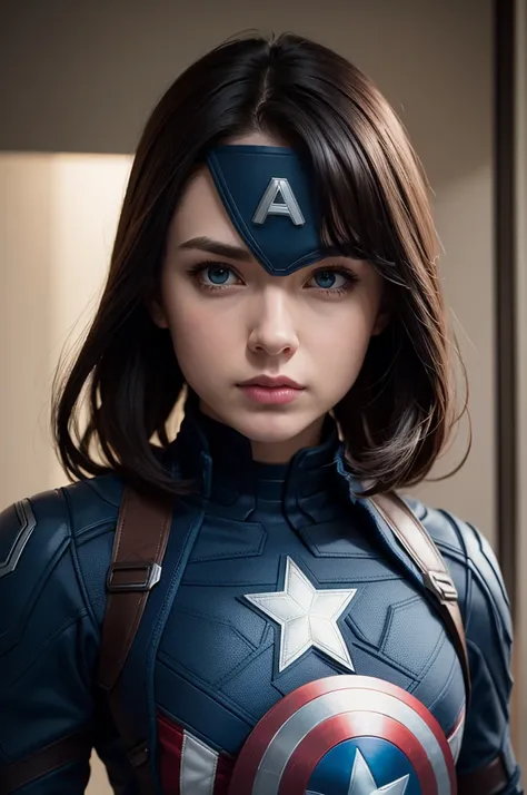 Create a Captain America with dark blue outfit from the Winter Soldier movie, with my face