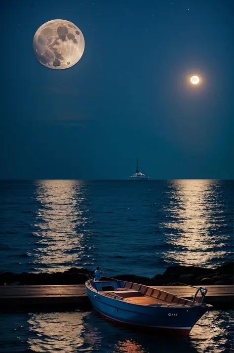 Generate an image of Create an image of a boat in the sea with a person observing the full moon on a blue night