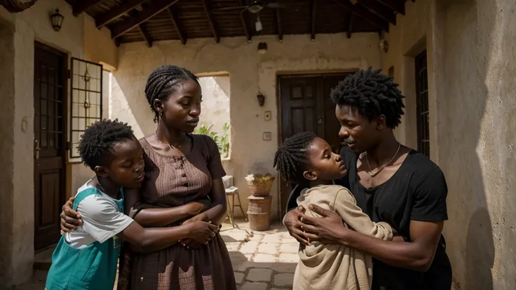 ultra realistic scene, 4K, African family with a 17-year-old young man entering a simple shepherds house, with a welcoming atmosphere but visible concern.
Details: Mother holding children, pastor offering comfort, humble but safe environment.