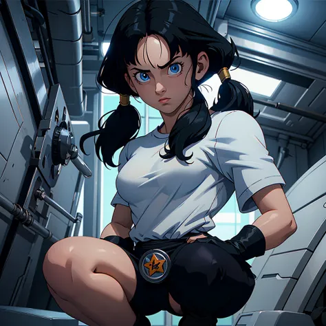 (masterpiece), anime, Best quality, good anatomy, videl2, solo, ( on your knees),blue eyes, black hair, twintails, black gloves, medium breast, realistic face, glomy face, Looking down, vagina, bangs, white shirt, gym, Reflectors, 8K masterpiece, super det...