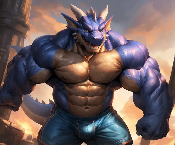 human nature, cannon, male, solitary, ((the strong，Handsome)), (dragon), Chibo，Six-pack abs，(Games background)，Blue shorts，Sweat:1.3，high quality, (4K,high quality, high resolution, masterpiece), Front view (close up), cartoon,by lindong