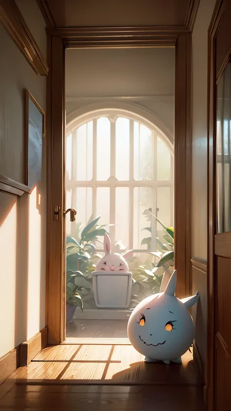 Cute cute little bunny waves and smiles at me, Greeting me., Unreal engine, cozy indoor lighting, detailed digital painting, movie, character design by Mark Redden, Pixar and Hayao Miyazaki, Unreal 5, stunning, Surrealism, Octane rendering, 3DMDT1  