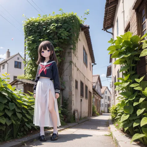 (masterpiece),  town,  blue sky,  One Girl,  smile,  alone,  Sailor suit、Long skirt,  Overgrown,  petal,  plant、Skirt lining、Translucent slip、Nostalgic