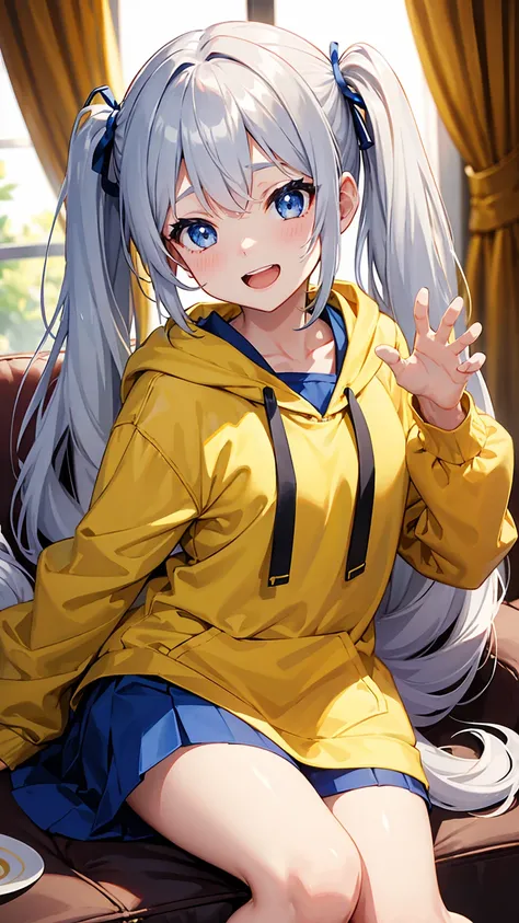 (claw pose),(overly long sleeves),Yellow hoodie,Blushing cheeks,Open Mouth Smile,Medium chest,Blue eyes,Silver Hair,twintails,(1 Girl),master piece , best quality,(high resolution),living room