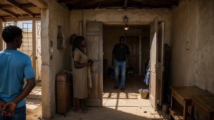 ultra realistic scene, 4K, African family with a 17-year-old young man entering a simple shepherds house, with a welcoming atmosphere but visible concern.
Details: the pastor offering comfort, humble but safe environment.