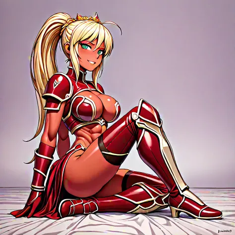 Lancer Artoria, elegant adult female, blonde, green eyes (yellow eyelashes) crown, turtleneck, full body sitting on a bench, showing ass to me, RED breastplate, RED skin (1SologirlRED skin:1.2), looking at viewer, shiny, armor, thigh highs, high boots, pau...