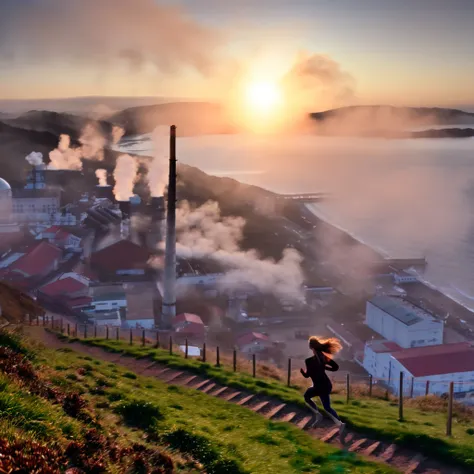 Woman running up a steep hill in a misty rural town at sunrise、Distant and Near Views、Smoke coming from the chimneys of an old rusty factory near the bay and port、Cinematic lighting、Dramatic atmosphere、8K、high quality、Photorealistic、Detailed landscape、Mood...