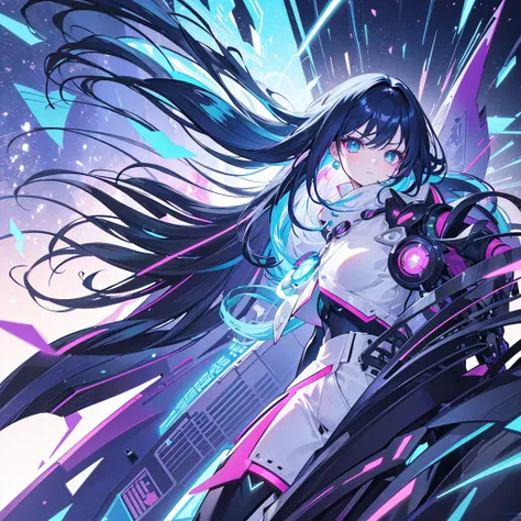 "Using advanced AI technology, generates an image of an anime girl with a bold and unique style. She has extravagant, shiny hair in vibrant colors like electric blue and deep purple., with locks flowing freely in the wind. His eyes are penetrating and full...