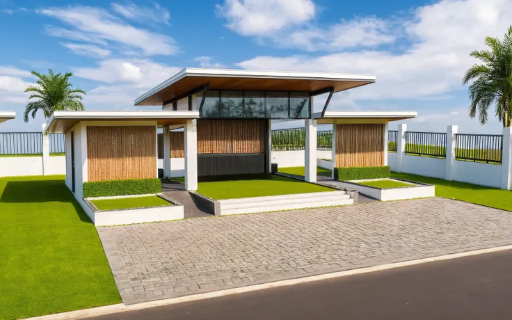 Masterpiece, high quality, best quality, authentic, super detail, outdoors, huts style modern, white wall, glass windows, gate road,pavement, grass, trees,blue sky, cloud, (day:1.1), realistic lighting