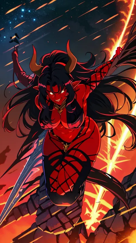 1girl,adult,fit,30s,solo,sensual,black armor,cleavage,pointy ears,black hair,long hair,(((red skin,colored skin))),night,red moon,flying,evil smile,dynamic pose, horns,fire magic,lady demon,