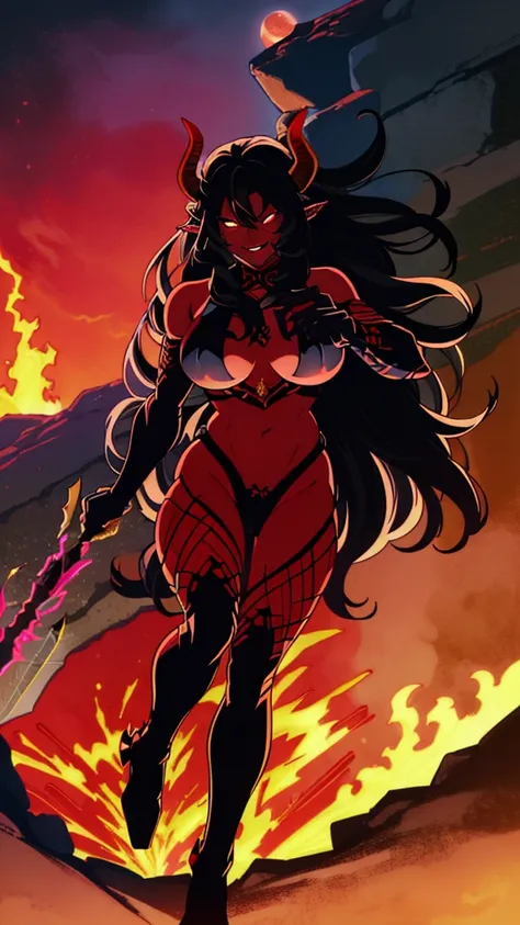 1girl,adult,fit,30s,solo,sensual,black armor,cleavage,pointy ears,black hair,long hair,(((red skin,colored skin))),night,red moon,flying,evil smile,dynamic pose, horns,fire magic,lady demon,