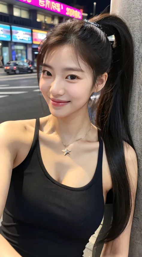 Realistic photos of (1 cute Korean star) ponytail hair, slightly smile, 32 inch breasts size,wearing  tank top, taking selfie, at the street side, night, close-up, UHD