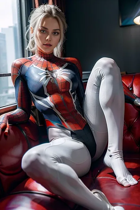 (Extreme Detail CG Unity 8K wallpaper, masterpiece, highest quality), (Exquisite lighting and shadow, highly dramatic picture, Cinematic lens effect), a girl in a white Spider-Man costume, silver gray hair color, from the Spider-Man parallel universe, Weng...