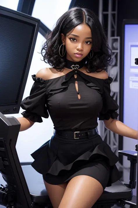 A black woman with fine features, black teenage hair, long tight skirt with blouse with puff sleeves in a studio 