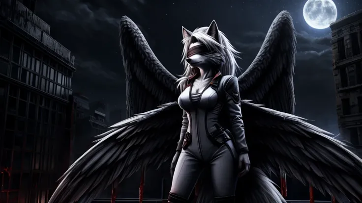 Loona from Helluva Boss, female white wolf, anthro, mature adult, fluffy short white hair, blindfold, white combat suit, angel of death, wings, covered in blood, standing, dark, night, above a building, serious, detailed, solo, beautiful, high quality, 4K