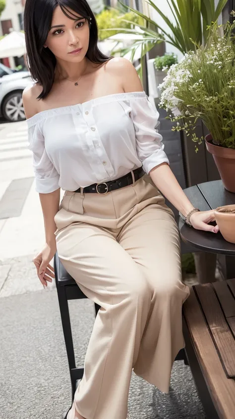 A stunning middle-aged woman with shoulder-length, straight black hair, sitting at an outdoor café in the city. She is dressed in a chic white blouse with floral patterns and a pair of beige capri pants. The background features a bustling city street with ...