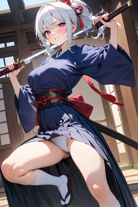 (masterpiece, best quality:1.5), (ultra detailed, high resolution, 8k, beautiful detailed, UHD, best anatomy), 1 cute girl, white hair, medium breasts, Womens Hakama, Japanese Samurai, Japanese sword, sword dance, kamishimo, tabi