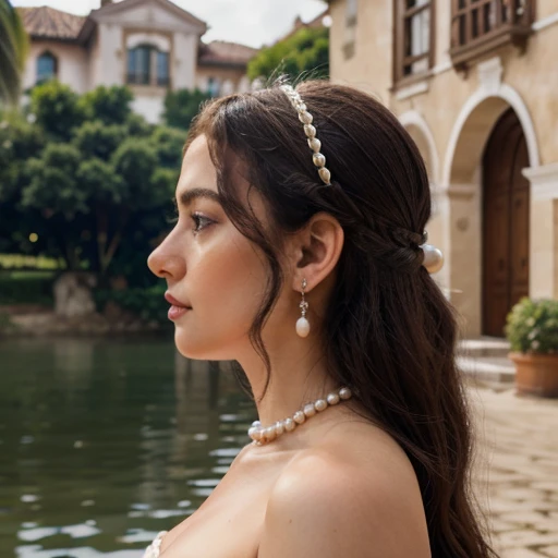 Ultra realistic photo of the historic Madame do Lago in profile with elegance and pearls