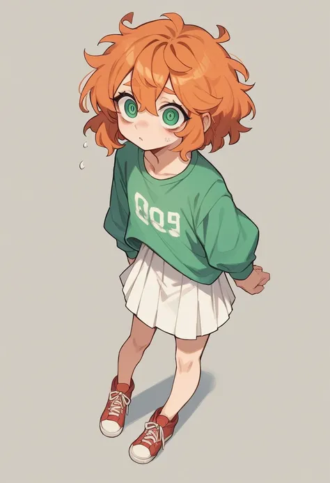 girl height 145 cm,Bright orange hair, short and messy with locks sticking out in all directions and a noticeably raised part on the top of his head, Large and expressive eyes, Emerald green, Face expression Generally cheerful white long-sleeved shirt whit...