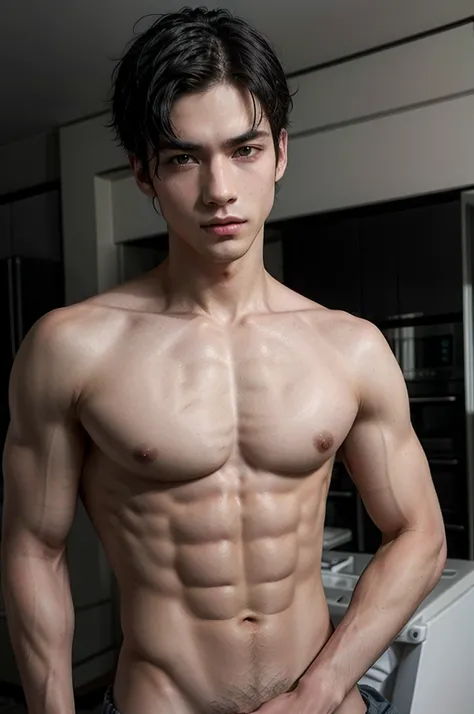 shirtless man, tall and fit, with short black hair, while sexy modeling, in different places, in different positions.