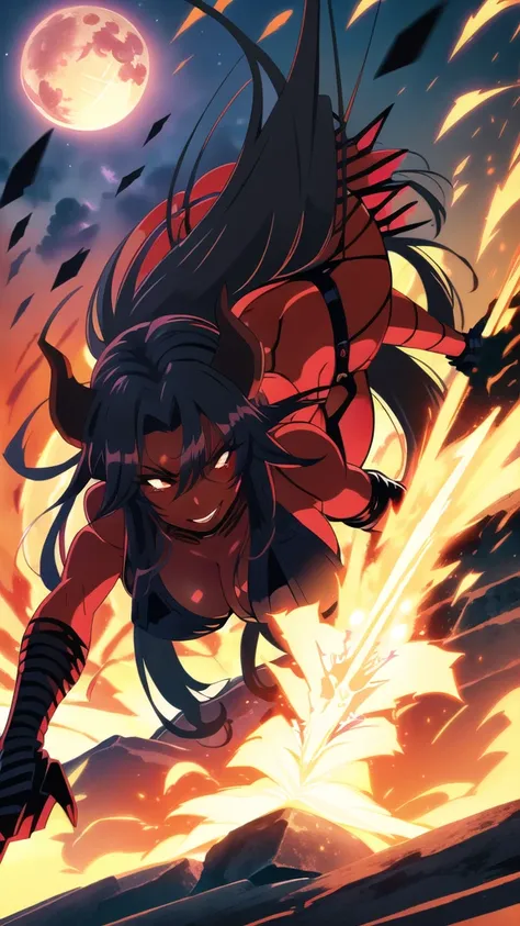 1girl,adult,fit,30s,solo,sensual,black armor,cleavage,pointy ears,black hair,long hair,(((red skin,colored skin))),night,red moon,flying,evil smile,dynamic pose, horns,fire magic,lady demon,