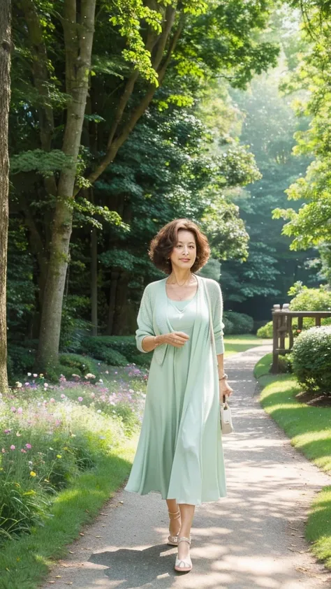 A graceful mature woman in her early 50s, with short, curly brown hair, walking through a lush, green park. She is wearing a pastel-colored summer dress with a light cardigan. The background includes tall trees, blooming flowers, and a clear pathway. The s...