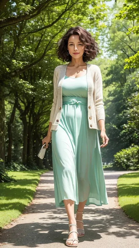 A graceful mature woman in her early 50s, with short, curly brown hair, walking through a lush, green park. She is wearing a pastel-colored summer dress with a light cardigan. The background includes tall trees, blooming flowers, and a clear pathway. The s...