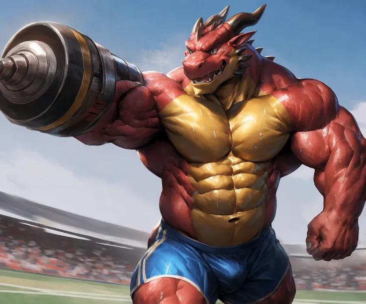 human nature, cannon, male, solitary, ((the strong，Handsome)), (dragon), Chibo，Six-pack abs，(Athletics，Track)，run，Blue shorts，Sweat:1.3，high quality, (4K,high quality, high resolution, masterpiece), cartoon,by lindong