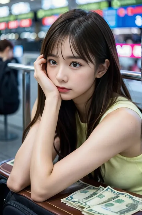 A beautiful young woman holding her head in distress, surrounded by foreign currency and travel items. She is sitting at an airport, looking at a viewer, The background includes a suitcase, passport, and various international banknotes scattered around. Th...