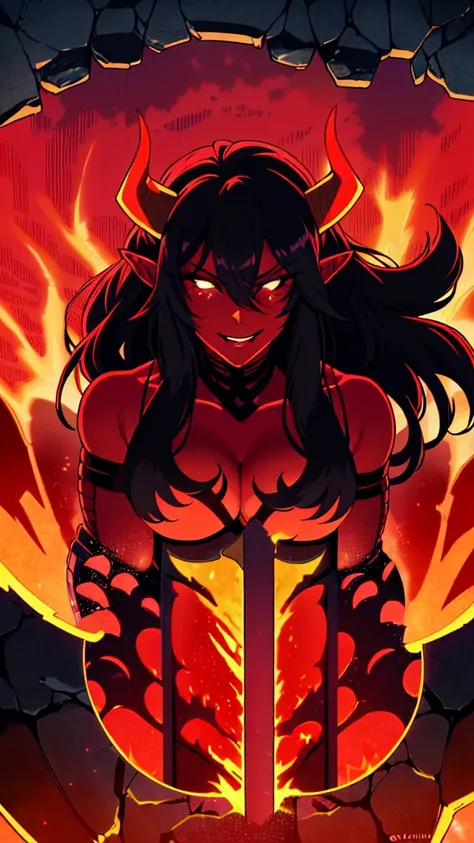 1girl,adult,fit,30s,solo,sensual,black armor,cleavage,pointy ears,black hair,long hair,(((red skin,colored skin))),night,red moon,evil smile,dynamic pose, horns,fire magic,lady demon,