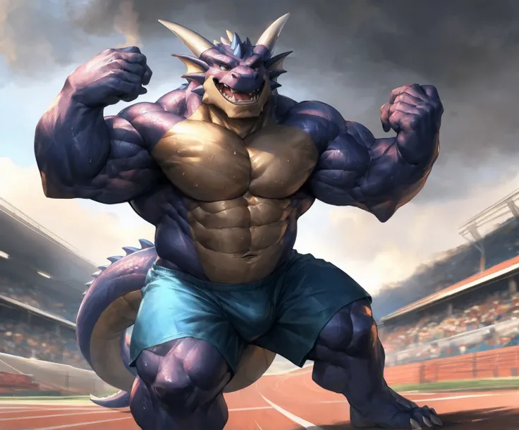 human nature, cannon, male, solitary, ((the strong，Handsome)), (dragon), Chibo，Six-pack abs，(Athletics，Track)，run，Blue shorts，Sweat:1.3，high quality, (4K,high quality, high resolution, masterpiece), cartoon,by lindong