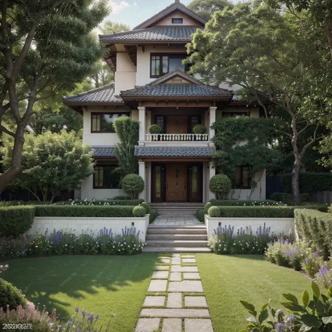 photo of house with large lawn and small garden, exterior design, beautiful house, wide angle exterior 2022, traditional, by Kanbun Master, high quality rendering, Exterior, garden, many flowers, design house, beautiful masterpiece; works, realistic style,...