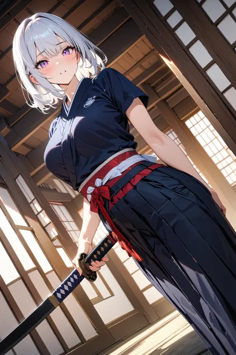 (masterpiece, best quality:1.5), (ultra detailed, high resolution, 8k, beautiful detailed, UHD, best anatomy), 1 cute girl, white hair, medium breasts, Womens Hakama, Japanese Samurai, Japanese sword, kamishimo, tabi